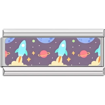 Blue rockets with yellow exhaust planets and stars on purple background Italian charm bracelet link