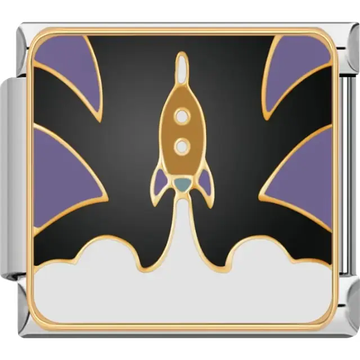 Gold rocket with purple fins launching with white smoke on black background Italian charm bracelet link