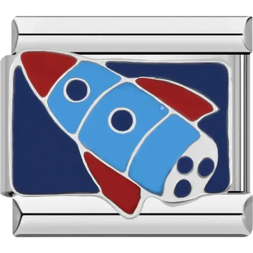 Blue and red rocket ship design on a dark blue background Italian charm bracelet link