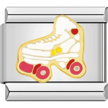 White roller skate with gold accents and pink wheels Italian charm bracelet link