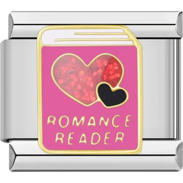 Pink book with gold detailing, red and black hearts, and "Romance Reader" text Italian charm bracelet link