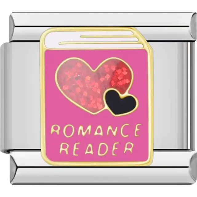 Pink book with gold detailing, red and black hearts, and "Romance Reader" text Italian charm bracelet link