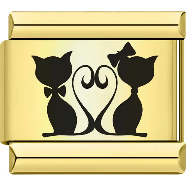 Two cats with a bow and bow tie, tails forming a heart Italian charm bracelet link