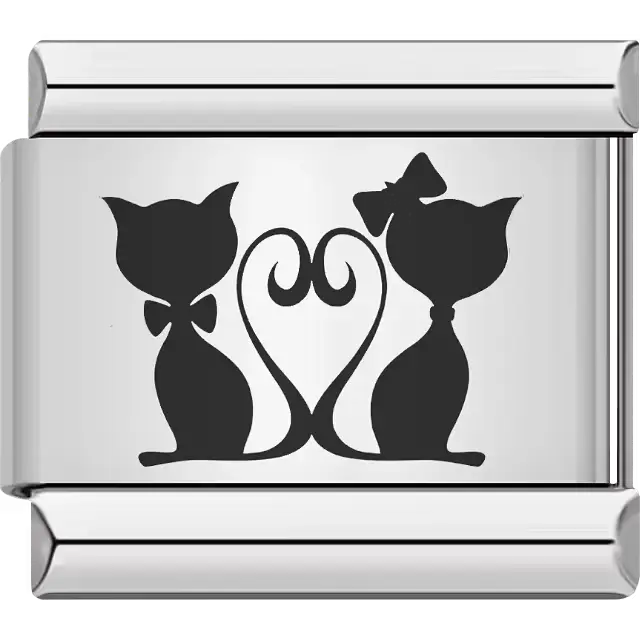 Two cats with a bow and bow tie, tails forming a heart Italian charm bracelet link