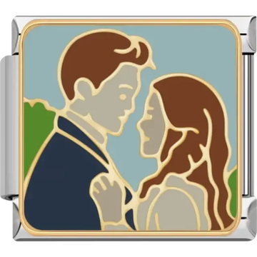 Silhouette of a couple facing each other with a green and blue background Italian charm bracelet link