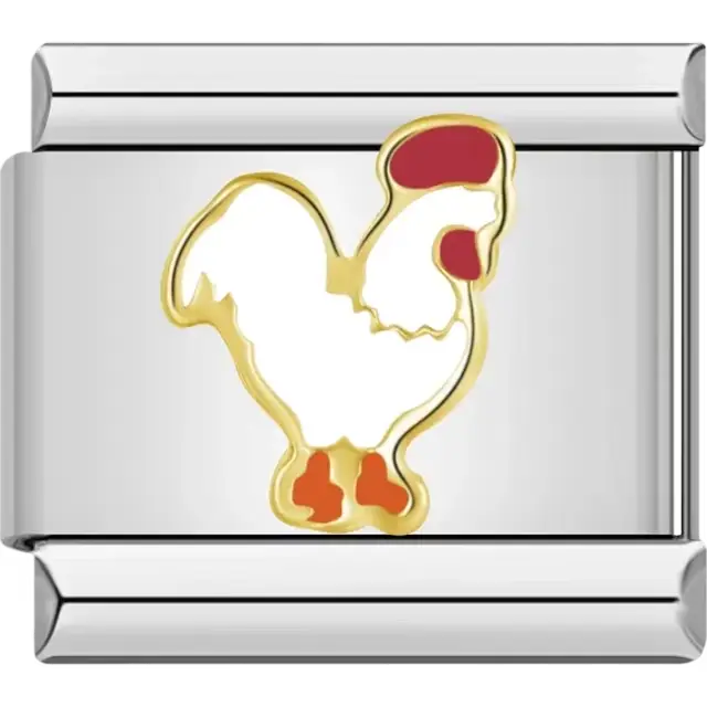 White rooster with red and gold details Italian charm bracelet link