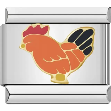 Orange rooster with red comb and black tail gold outline Italian charm bracelet link
