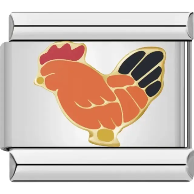 Orange rooster with red comb and black tail gold outline Italian charm bracelet link