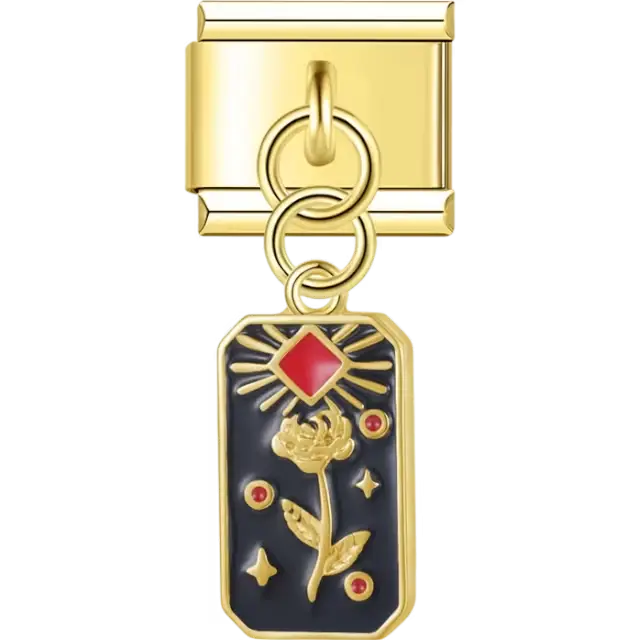 Rose with sun and red accents on a blue and black background Italian charm bracelet link