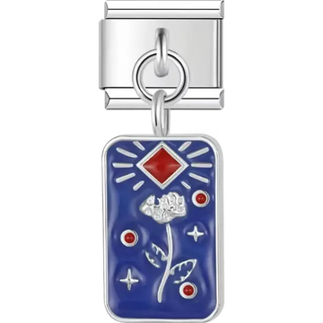 Rose with sun and red accents on a blue and black background Italian charm bracelet link