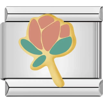 Gold-outlined rose with pink petals and green leaves Italian charm bracelet link