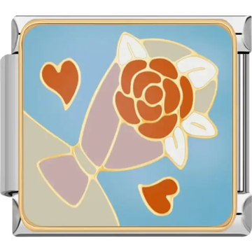 Orange rose with white petals in a gold vase and two orange hearts Italian charm bracelet link