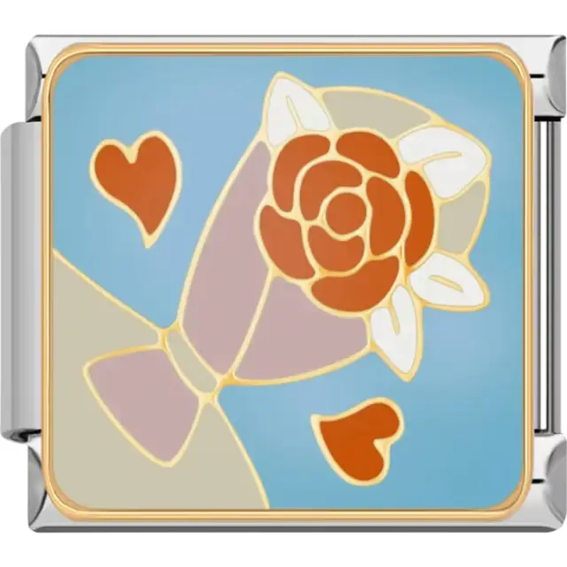 Orange rose with white petals in a gold vase and two orange hearts Italian charm bracelet link
