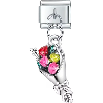 Bouquet design with colorful roses and bow detail dangle Italian charm bracelet link