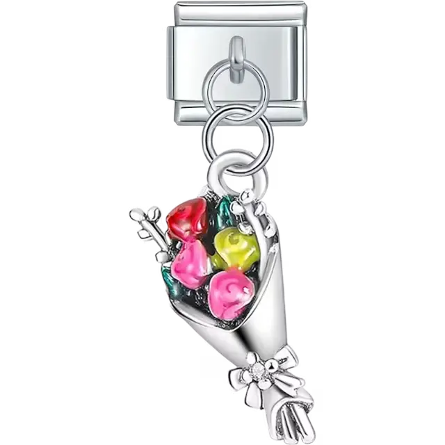 Bouquet design with colorful roses and bow detail dangle Italian charm bracelet link
