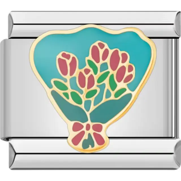 Cluster of red roses with green leaves and gold outlines inside teal heart Italian charm bracelet link