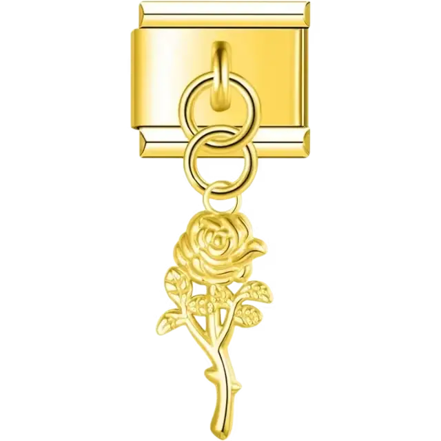 Dangling rose design with detailed petals and leaves Italian charm bracelet link