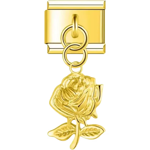 Dangling rose design with detailed petals and leaves Italian charm bracelet link