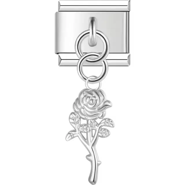 Dangling rose design with detailed petals and leaves Italian charm bracelet link