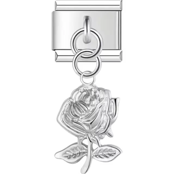 Dangling rose design with detailed petals and leaves Italian charm bracelet link