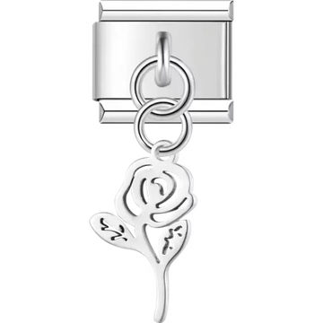 Rose-shaped dangle with openwork petals and leaves Italian charm bracelet link