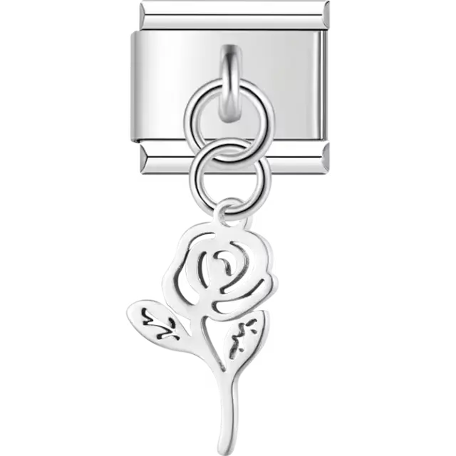 Rose-shaped dangle with openwork petals and leaves Italian charm bracelet link