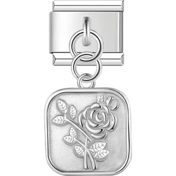 Silver square rose flower with leaves engraved pendant dangle Italian charm bracelet link