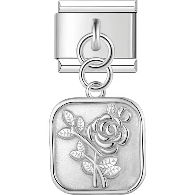 Silver square rose flower with leaves engraved pendant dangle Italian charm bracelet link