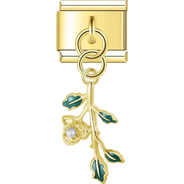 Rose stem with pearl flower and green leaves dangle Italian charm bracelet link