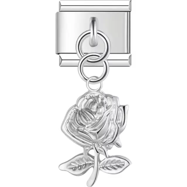 Dangling rose design with detailed petals and leaves Italian charm bracelet link