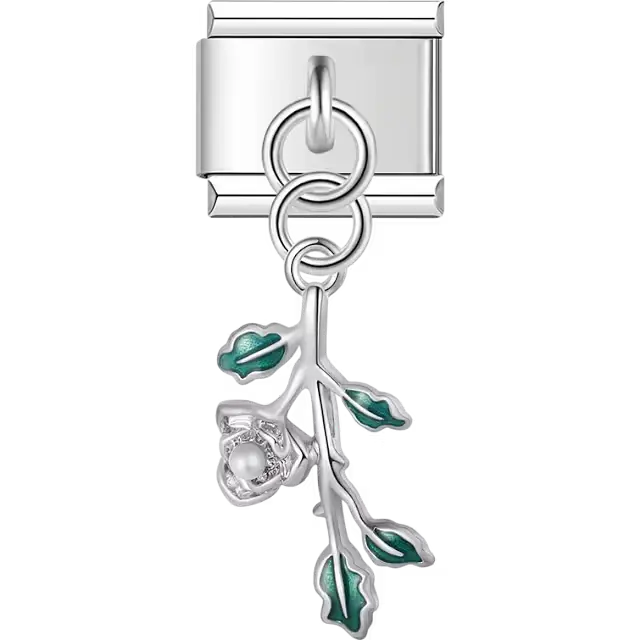 Rose stem with pearl flower and green leaves dangle Italian charm bracelet link