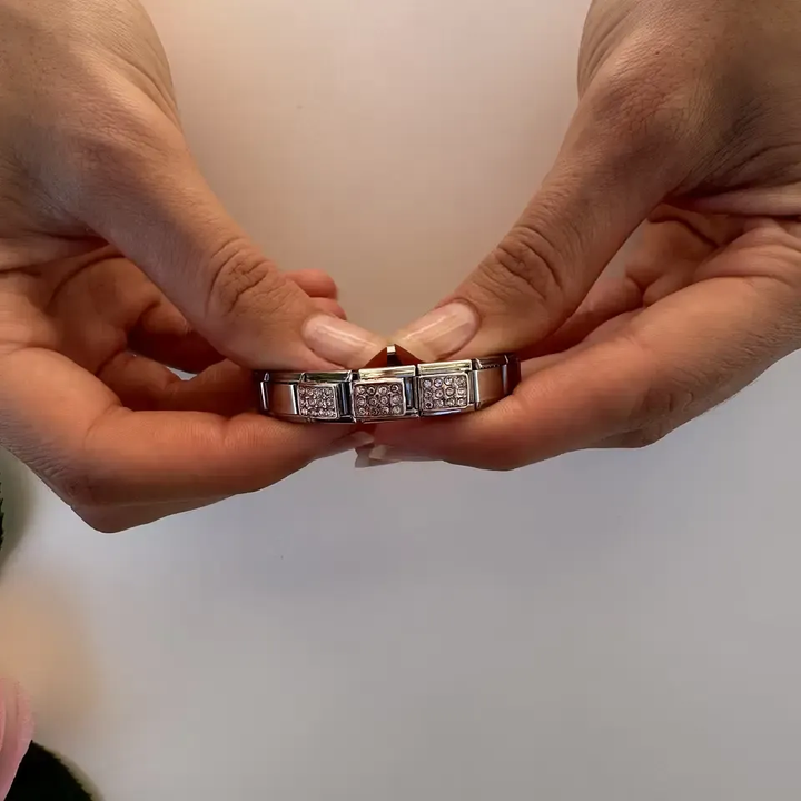 Rose gold rectangular charm featuring ten sparkling clear crystals Italian charm bracelet link