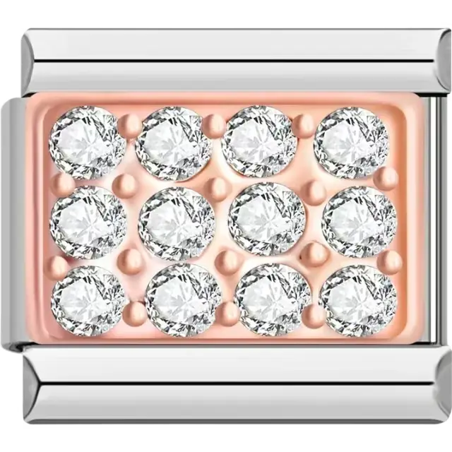 Rose gold rectangular charm featuring ten sparkling clear crystals Italian charm bracelet link