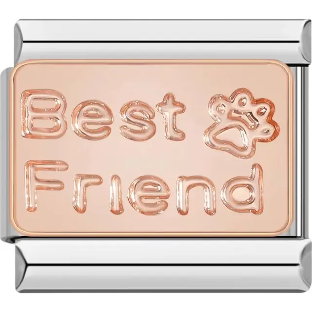 Rose gold charm engraved with "Best Friend" and a paw print design Italian charm bracelet link