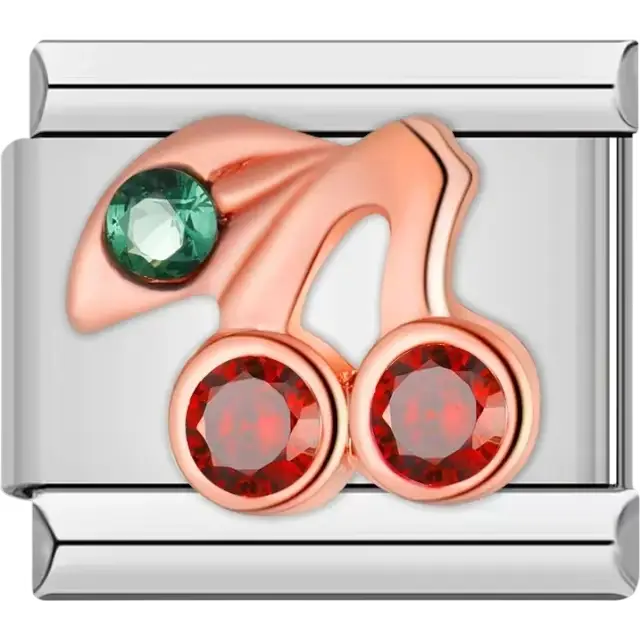 Rose gold cherry design featuring two red crystals and a green crystal leaf Italian charm bracelet link