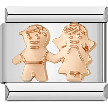 Rose gold boy and girl design holding hands on a stainless steel base Italian charm bracelet link