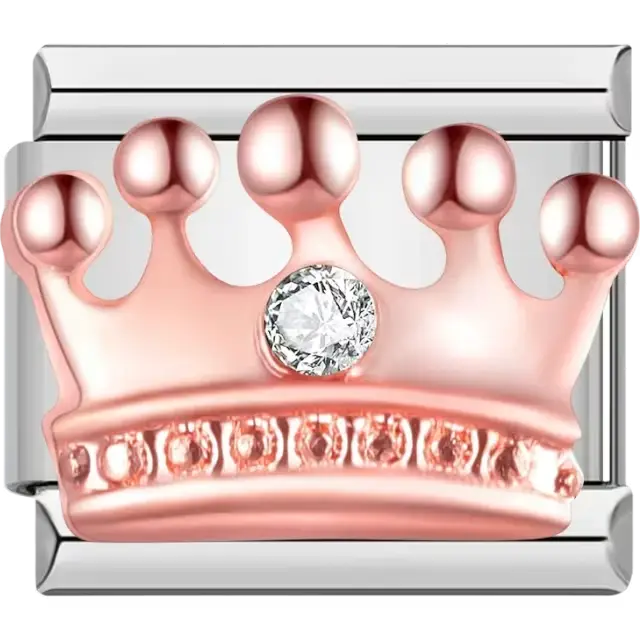 Rose gold crown with clear gemstone and circular accents Italian charm bracelet link