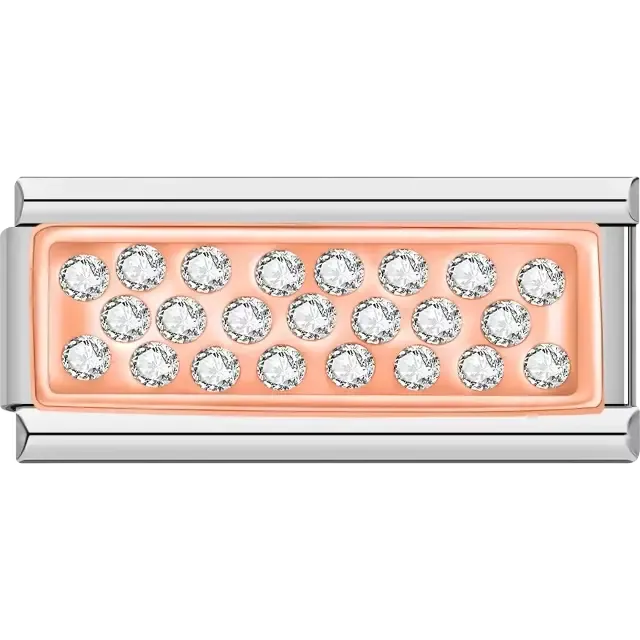 Horizontal strip design with clear crystals on a rose gold base Italian charm bracelet link