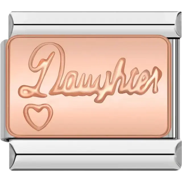 Rose gold charm engraved with "Daughter" and a heart design Italian charm bracelet link