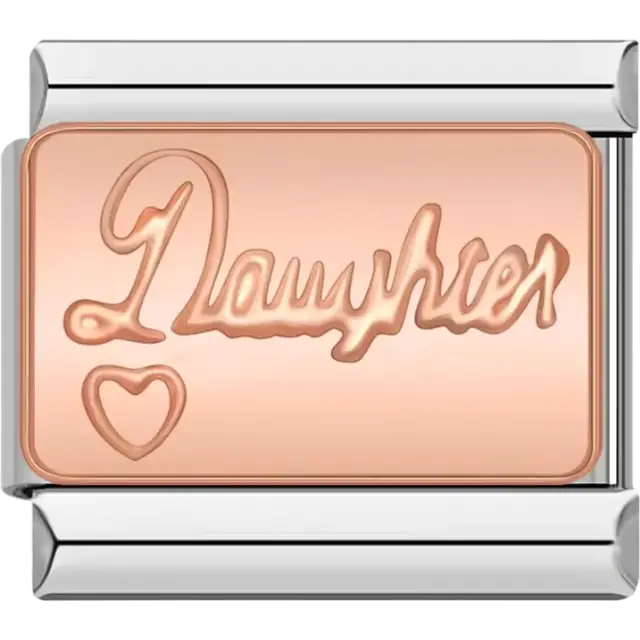 Rose gold charm engraved with "Daughter" and a heart design Italian charm bracelet link