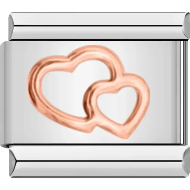 Rose gold double heart design Italian charm bracelet link