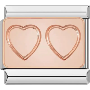 Rose gold charm featuring two embossed heart designs Italian charm bracelet link
