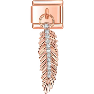 Dangle rose gold feather with detailed etching and a row of sparkling crystals Italian charm bracelet link