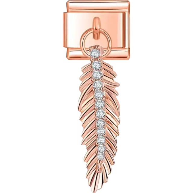Dangle rose gold feather with detailed etching and a row of sparkling crystals Italian charm bracelet link