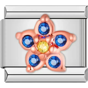 Rose gold flower featuring blue crystal petals and a yellow crystal center Italian charm bracelet link