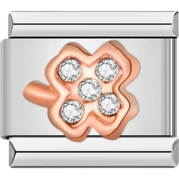 Rose gold four-leaf clover featuring five sparkling crystals Italian charm bracelet link
