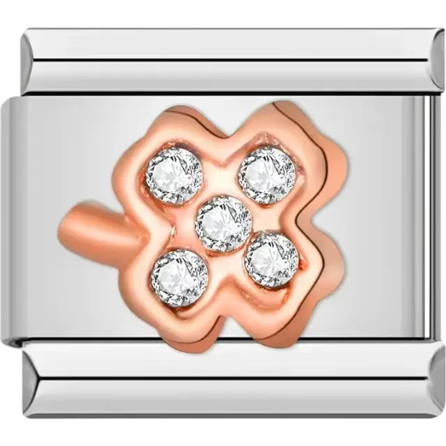 Rose gold four-leaf clover featuring five sparkling crystals Italian charm bracelet link