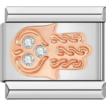 Hamsa hand design in rose gold with three clear crystal accents Italian charm bracelet link