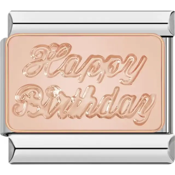 Rose gold charm engraved with "Happy Birthday" in cursive script Italian charm bracelet link