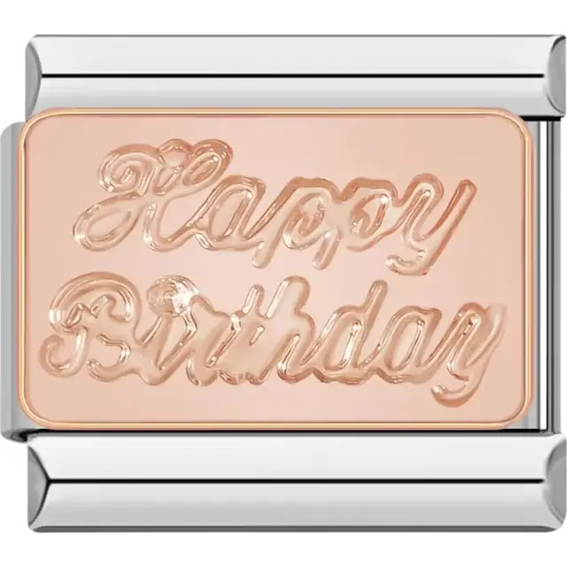 Rose gold charm engraved with "Happy Birthday" in cursive script Italian charm bracelet link